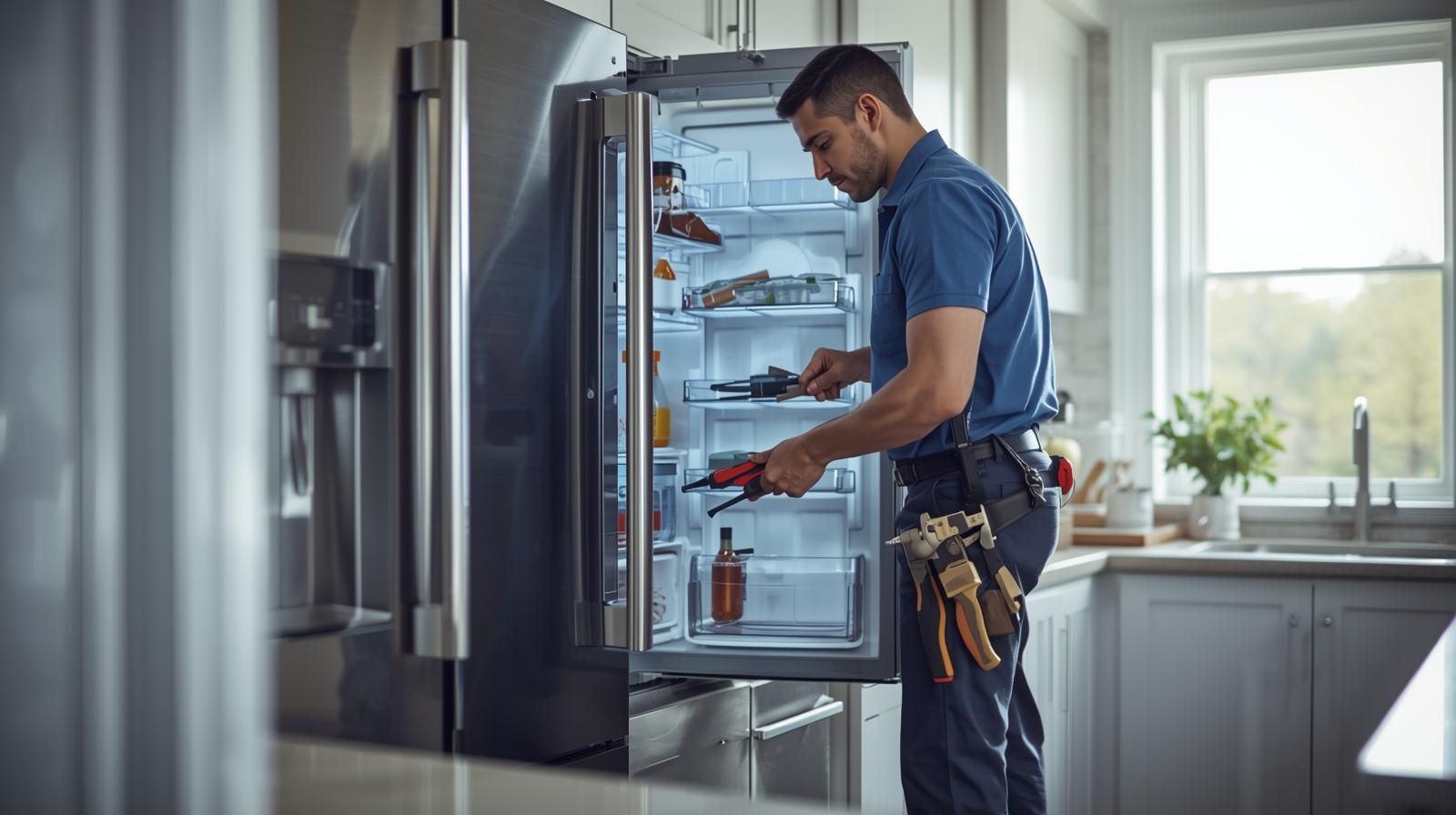 Professional technician repairing a refrigerator in a Memphis TN home